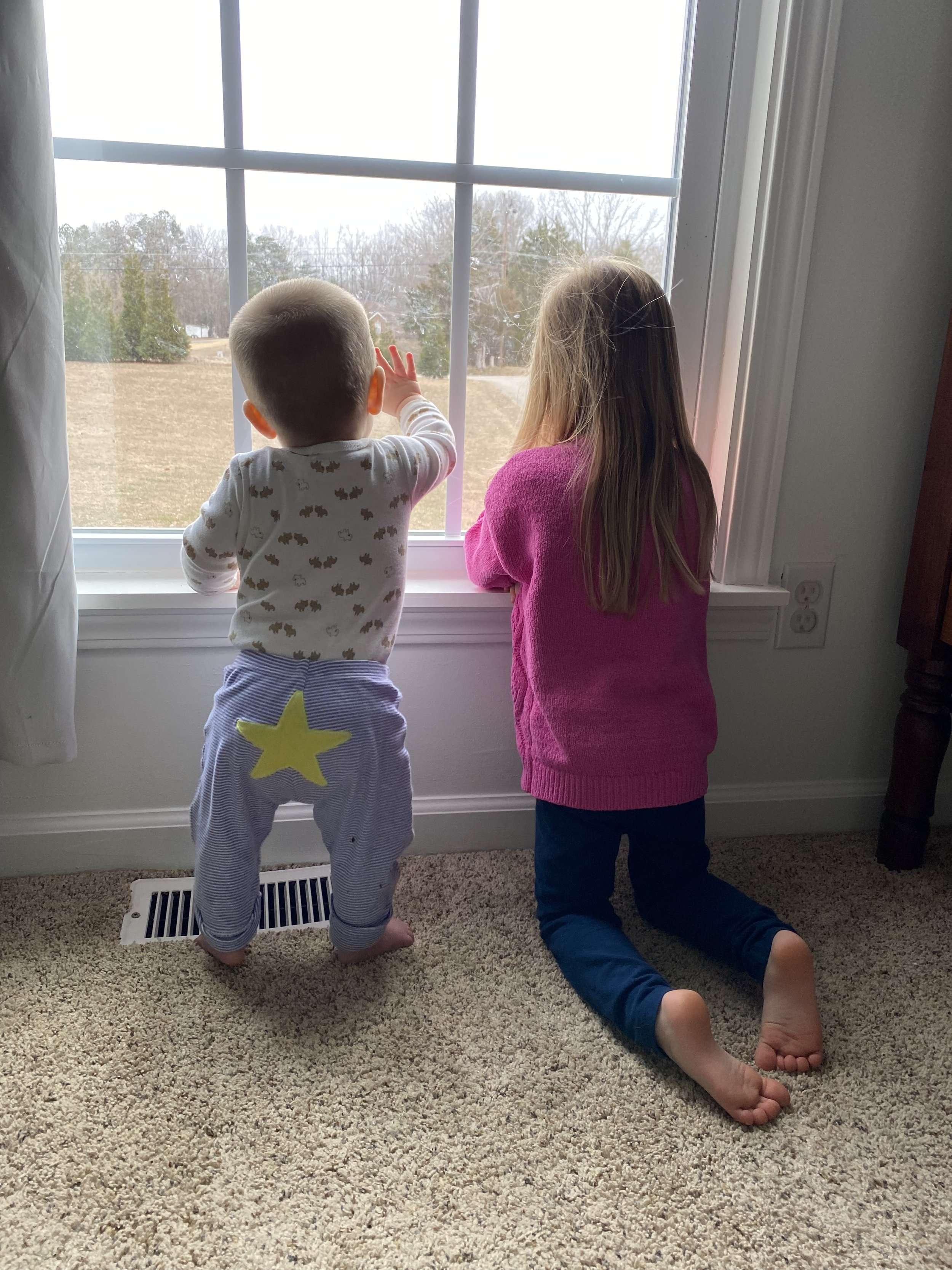 Two children looking out a window, one standing and one kneeling, with grass and trees visible outside.