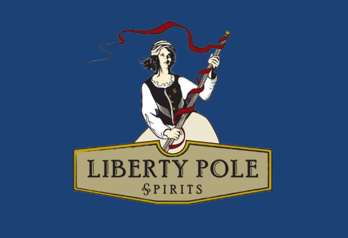 A white woman in colonial garb on a blue background holding a wooden pole wrapped loosely in red ribbon, with lettering below in capitalized font Liberty Pole Spirits