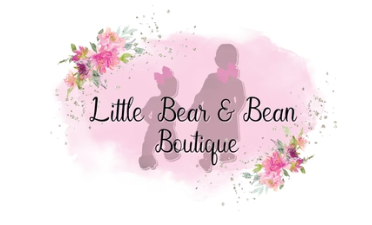 Two silhouettes of a parent and child overlaid with a pink cotton candy affect. Flowers on upper left and bottom right. Fancy script lettering Little Bear and Bean Boutique