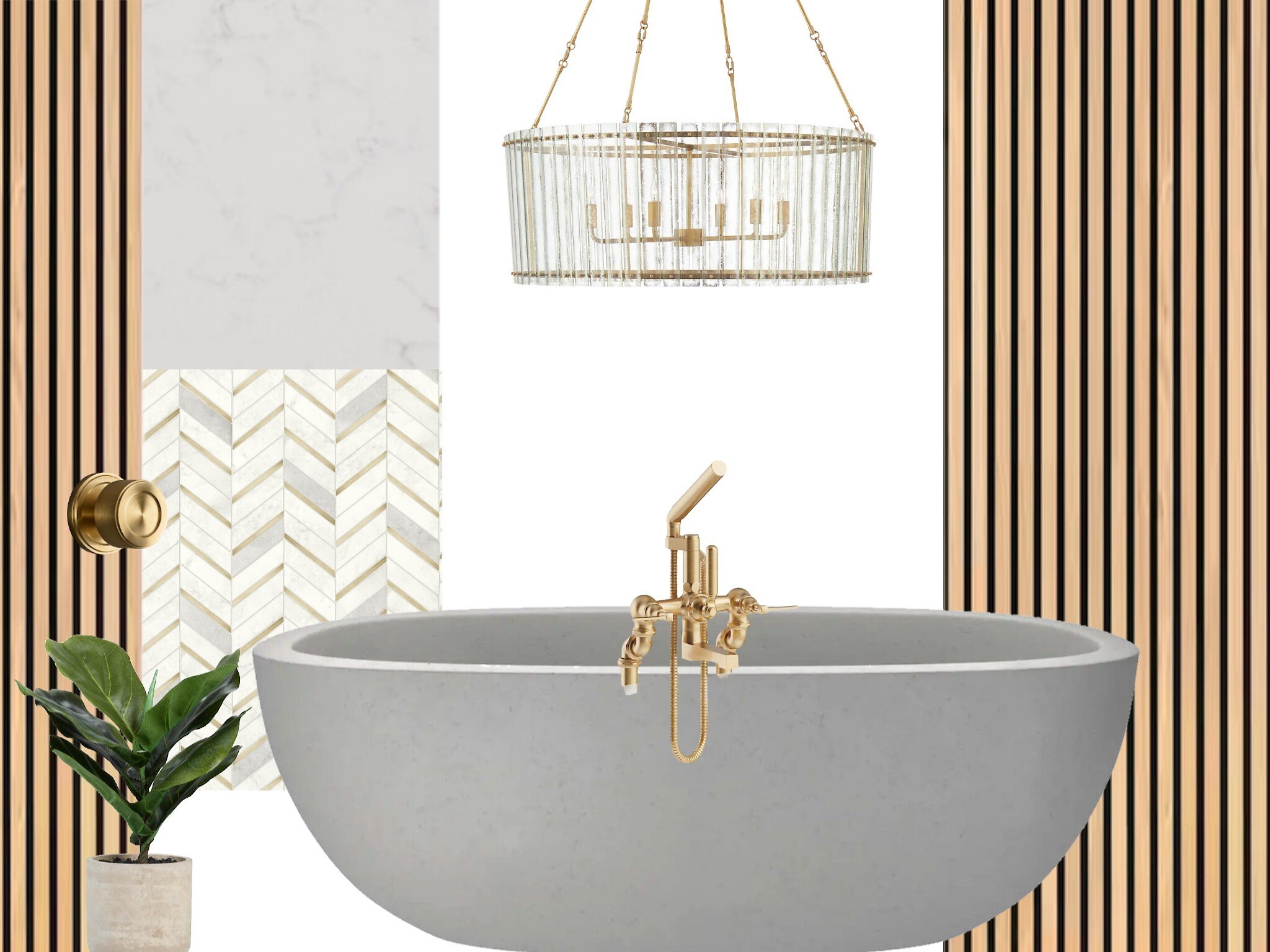 Minimalist bathroom with freestanding gray bathtub, gold faucet, modern pendant light, potted plant, and wood paneling.