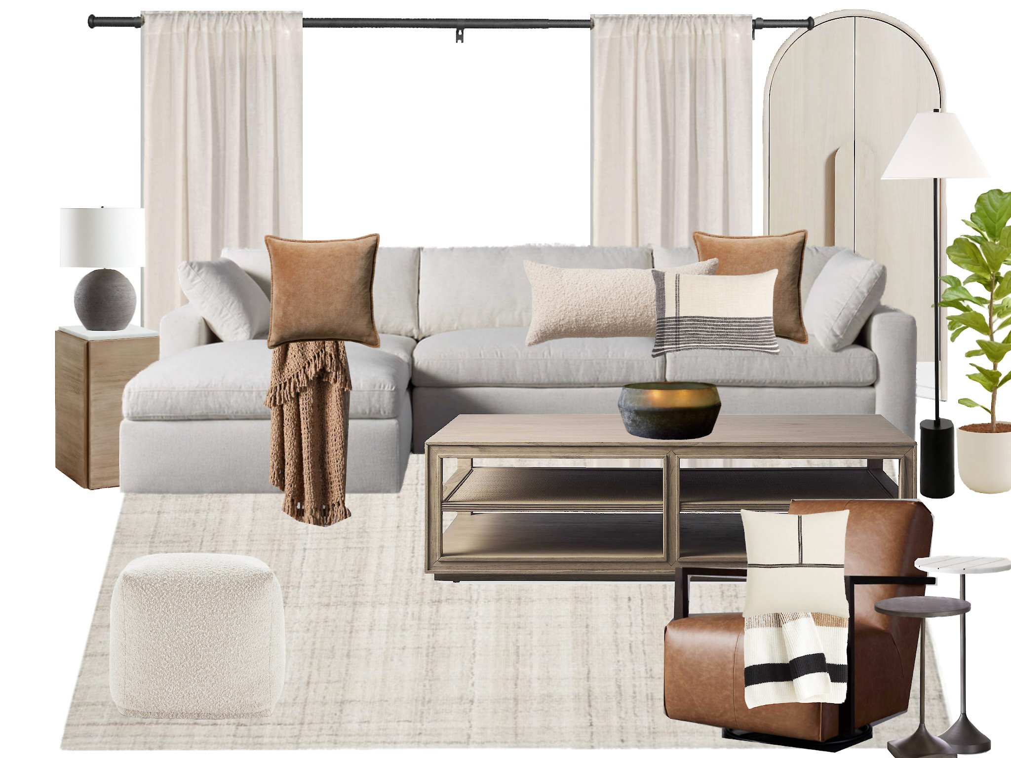 Modern living room with a cream sectional sofa, brown and cream pillows, knitted throw blanket, wooden coffee table, leather armchair, floor lamp, side table, lamp, potted plant, round mirror, and plush ottoman on a light area rug.