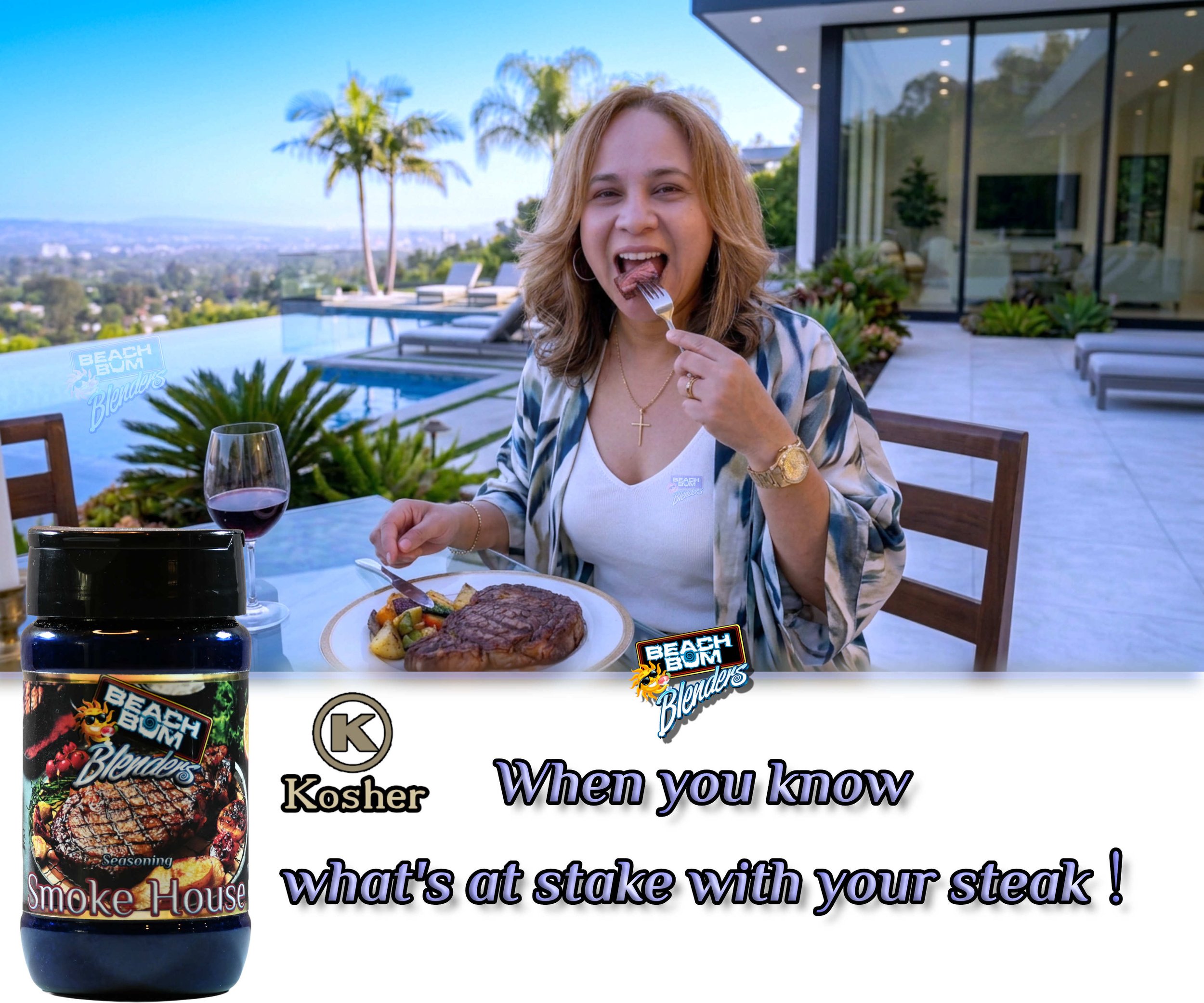 Woman enjoying a Blenders Smoke House flavored steak