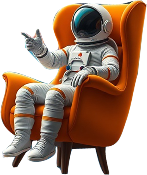 Astronaut sitting in an orange high-back chair floating in space