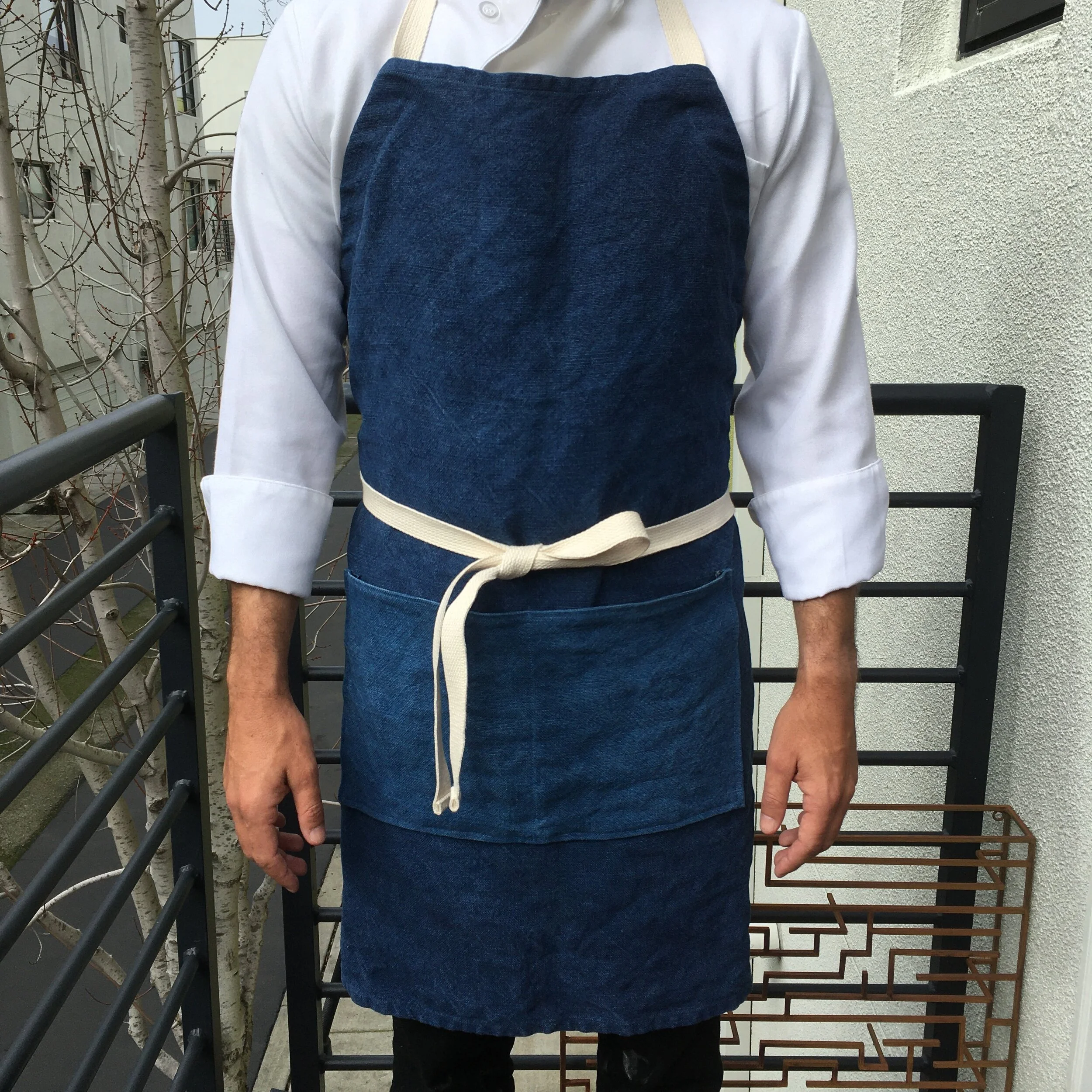 Japanese linen apron dyed in natural indigo extract