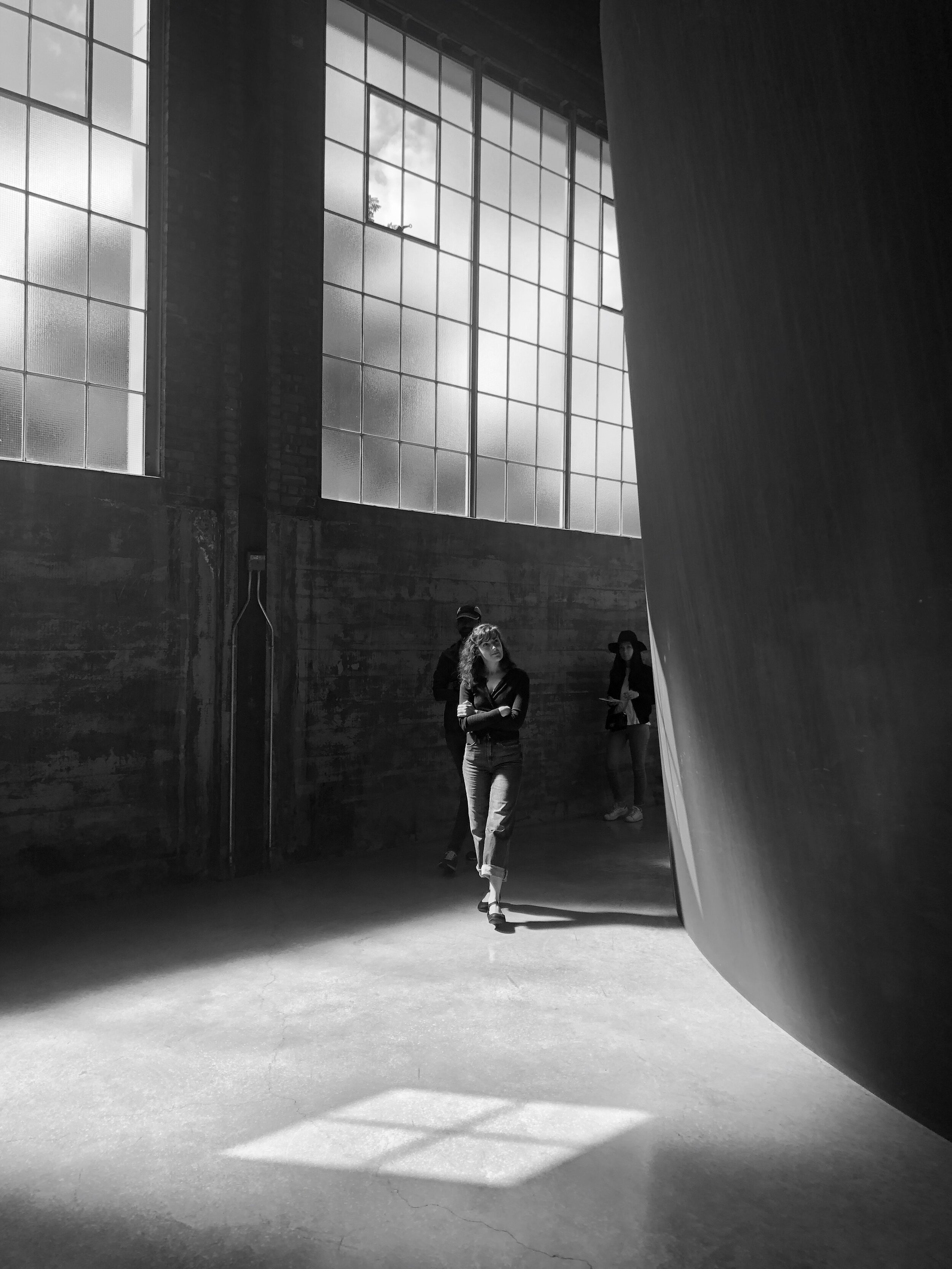 Upstate NY. An iPhone still of a visitor in a modern art museum.