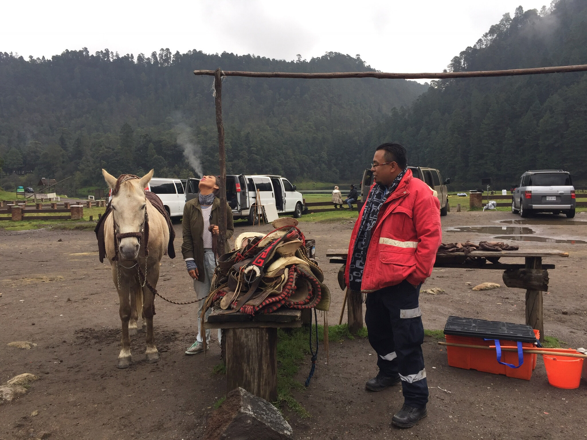 Morelos, Mexico. Crew members take a smoke break in the early morning.