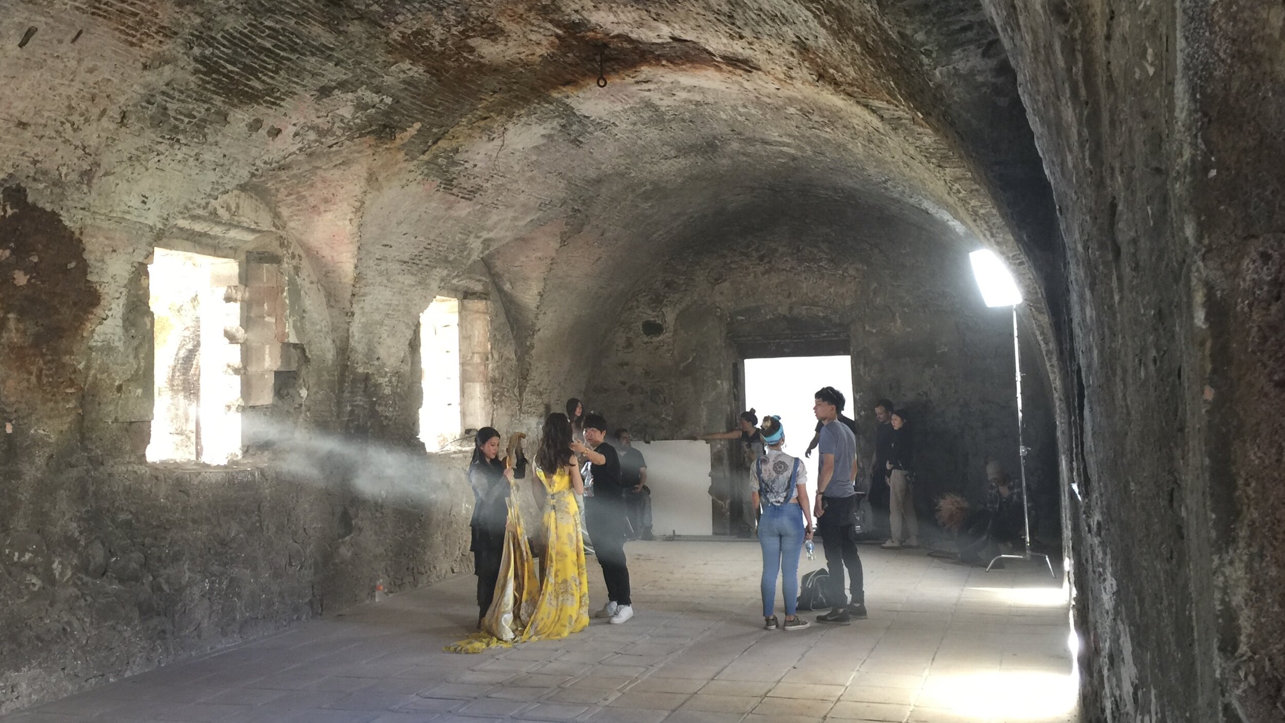 Morelos, Mexico. Makeup artists touch up talent before a final take.