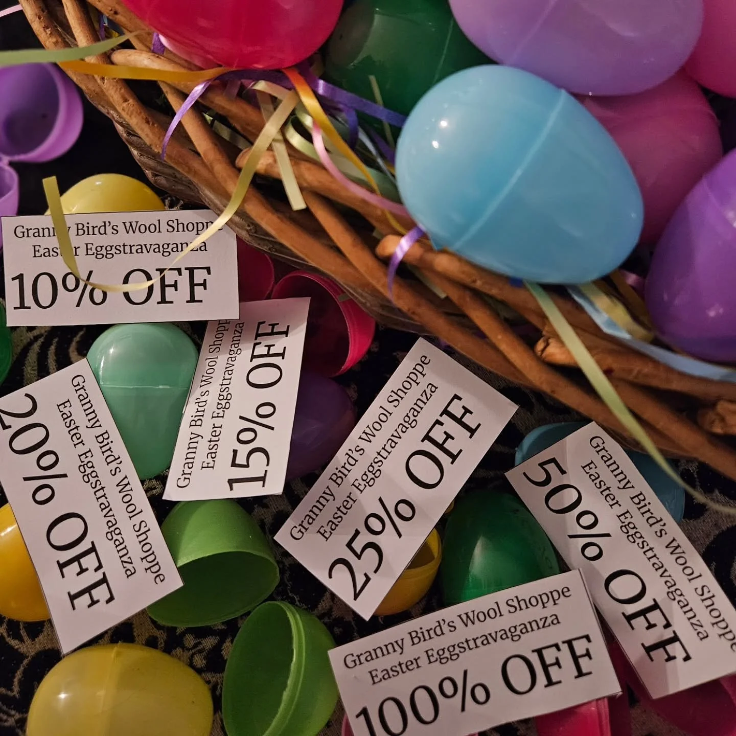 - Easter Eggstravaganza Sale -

Come shop our Easter Eggstravaganza Sale this  Friday and Saturday (April 3rd and 4th) to receive 10% to 100% OFF your purchase (excluding knit and sale items)

Crack an egg to reveal your savings.
Will you be the luck