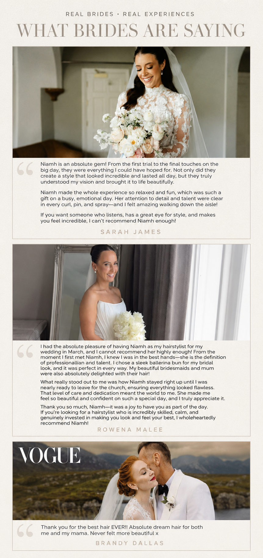 Collage of three brides sharing testimonials about their hairstylist, each holding bouquets and dressed in wedding attire. The top bride wears a lace gown and veil, the middle bride wears a strapless gown with a sleek bun, and the bottom bride, featured on Vogue, wears a lace wedding dress with red hair, outdoors with a scenic background.