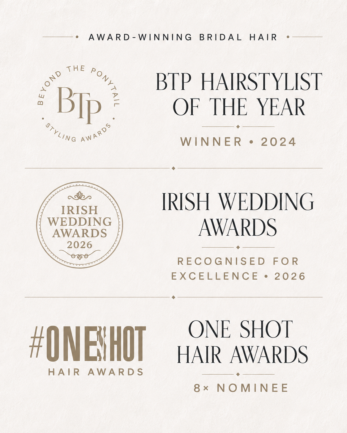 Award announcement poster for beauty and wedding industry awards, highlighting winners and nominees for 2024 and 2026, including categories like bridal hair, Irish wedding, and hair awards.