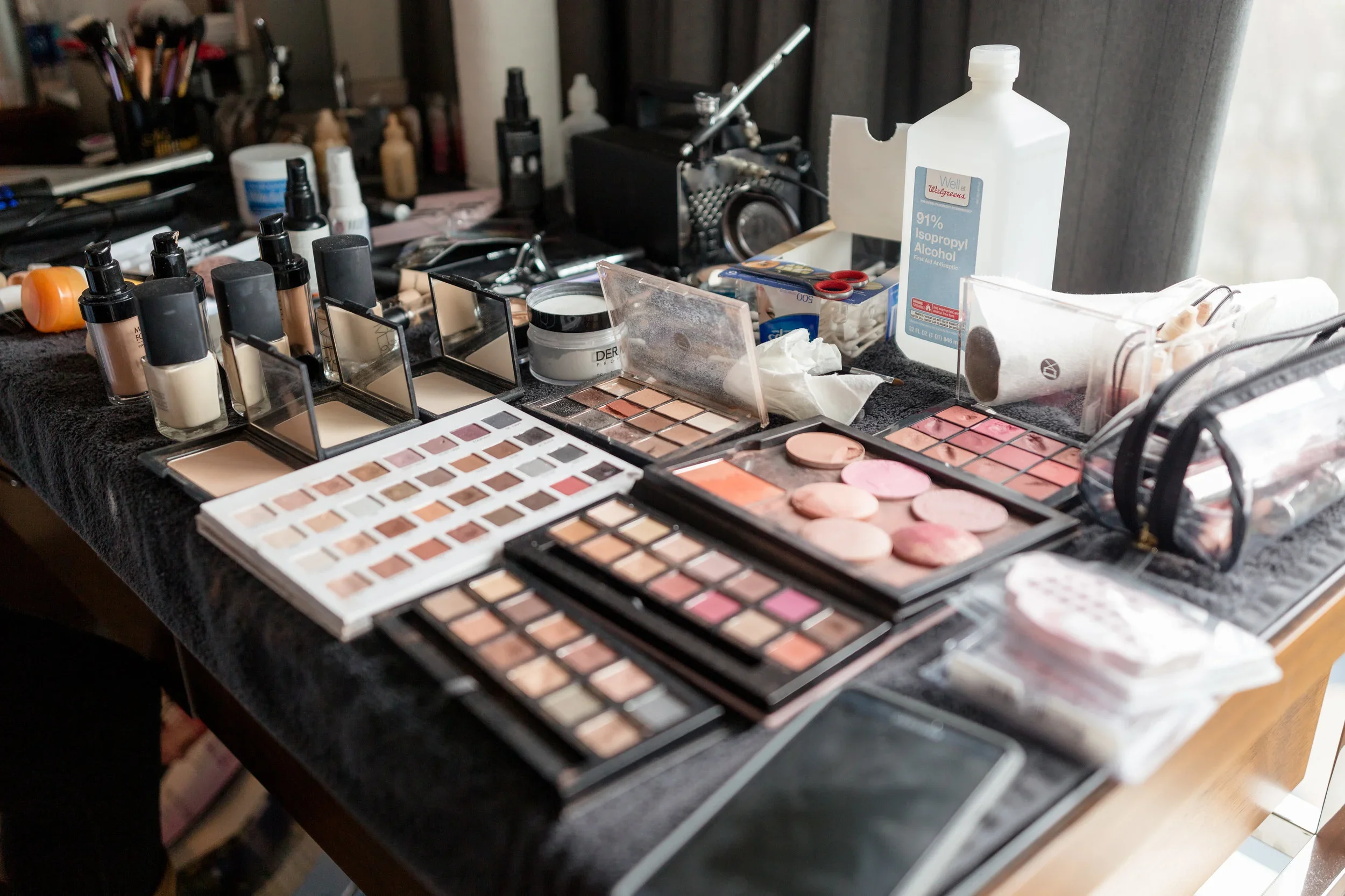 Professional wedding hair and makeup station with organised tools