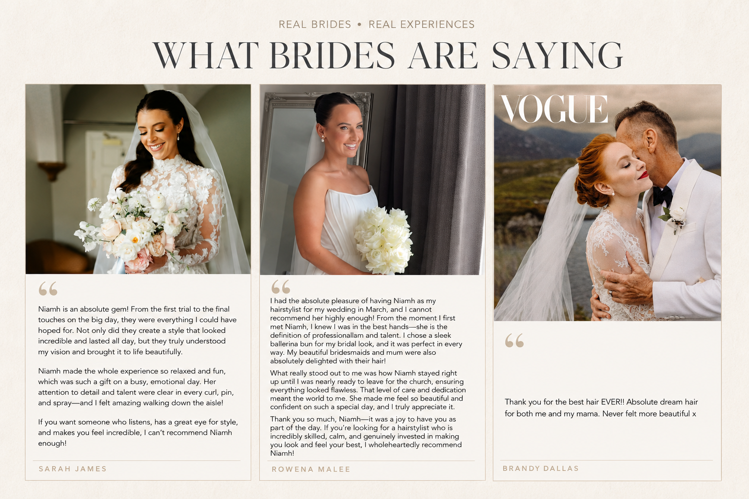 A collage of three women in wedding dresses, each holding a bouquet, with inspirational messages and quotes from brides about their hairstylists.