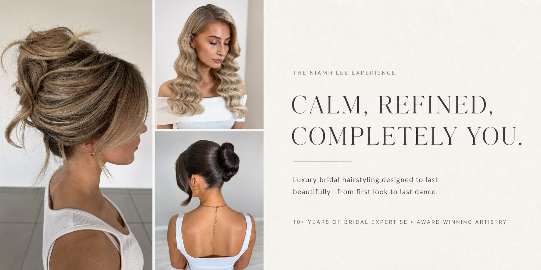 A promotional display for bridal hairstyling featuring three women with elegant hairstyles and a text outline. The images showcase various bridal hairdos with wavy, bun, and straight styles. The text emphasizes calmness, refinement, and artistry in bridal hair design, highlighting over ten years of expertise and award-winning artistry.