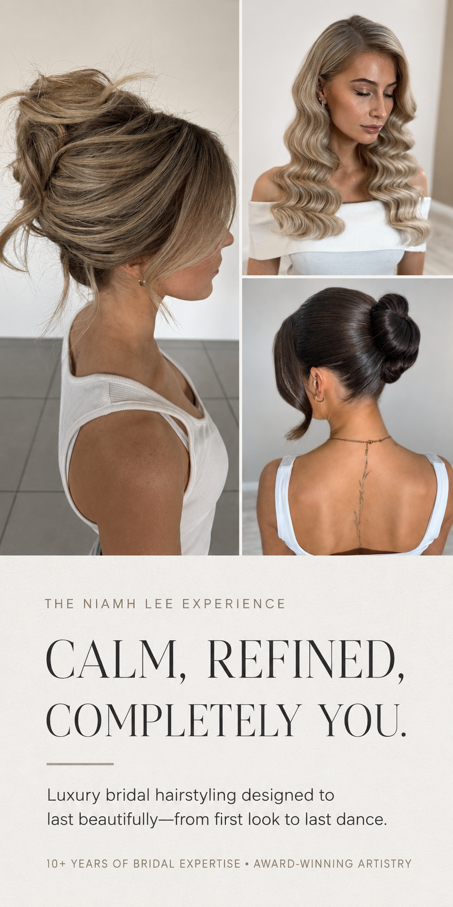 A promotional poster for Niamh Lee Bridal featuring three women with styled hair, showcasing different bridal hairstyles, with text promoting luxury bridal hairstyling services.