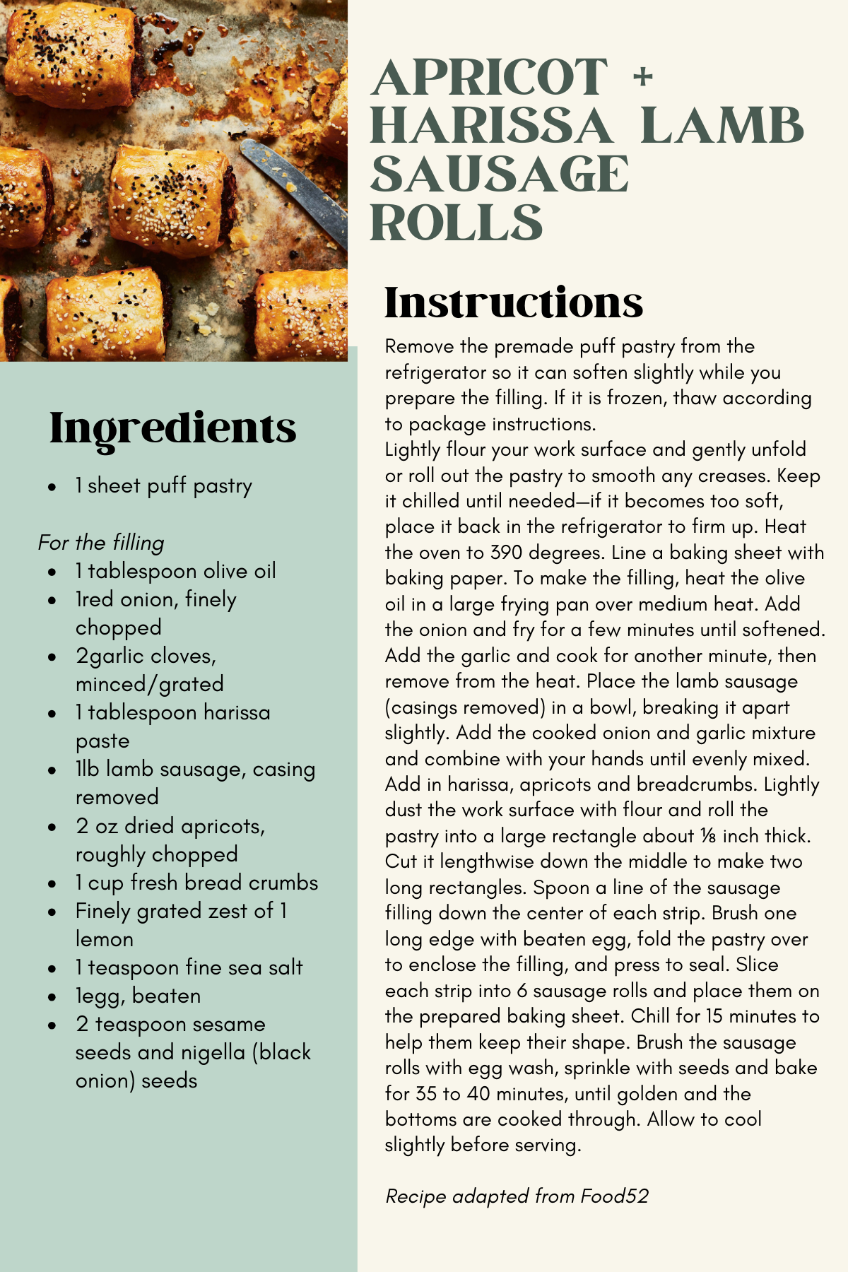 Apricot + Harissa Lamb Sausage Rolls