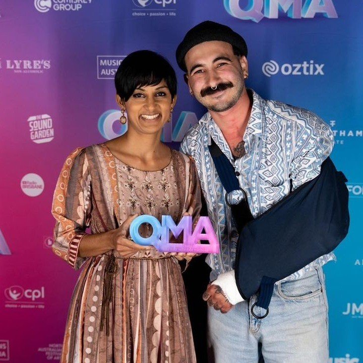 Menaka and Isaac standing proud with their award for the best World Music Song at the Quensland Music Awards for the magnificent song &quot;Space&quot;, written and recorded by them both at Wild Mountains Songs 2022. Beautiful humans, wonderful song,