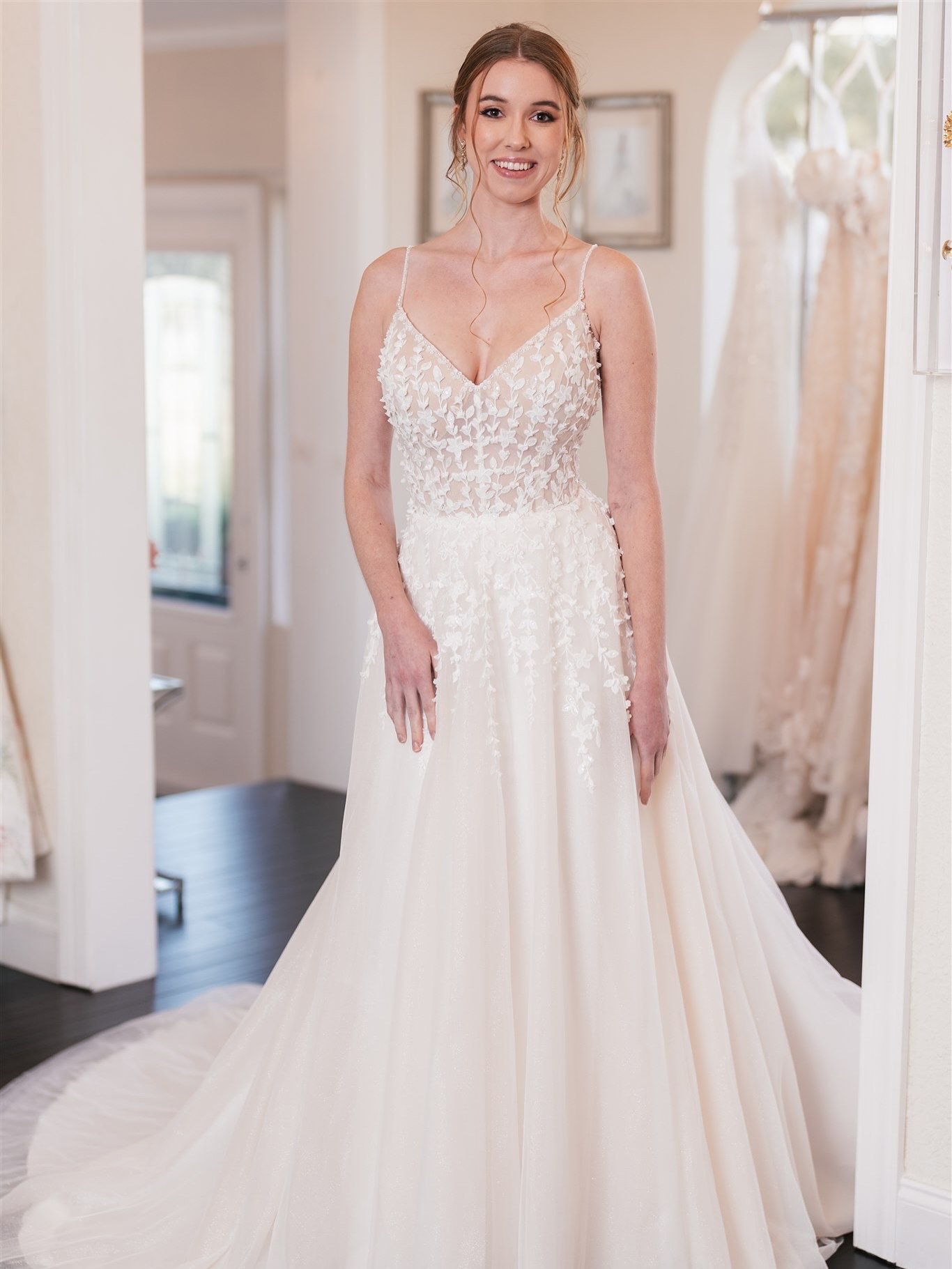 A vision of romance and elegance 🤍 From our most loved in-house collection, this dreamy A-line gown features delicate floral appliqu&eacute;s, a soft tulle skirt, and just the right touch of sparkle. Designed to make you feel effortlessly beautiful 