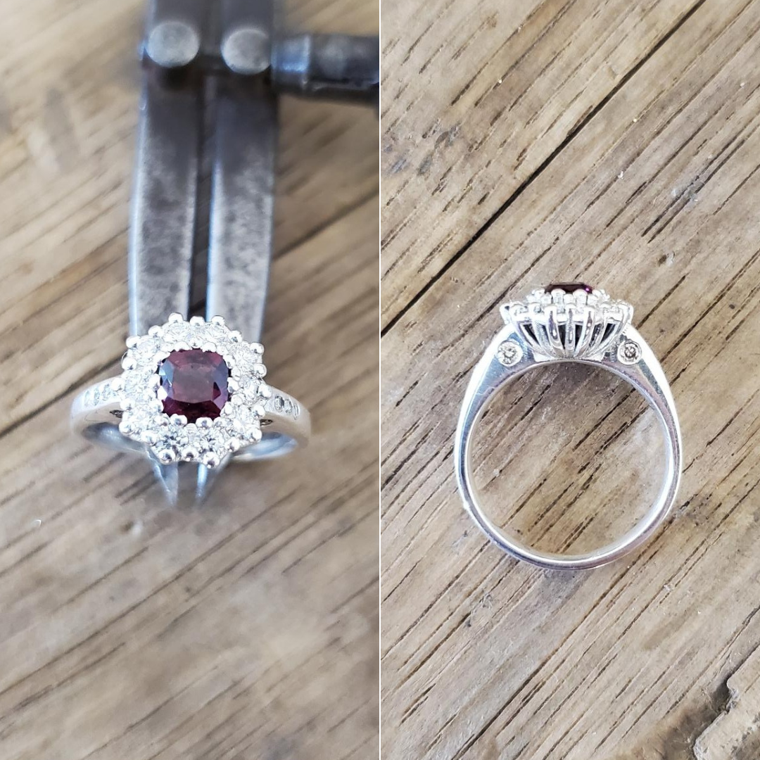 Diamond and garnet cluster ring in sterling silver