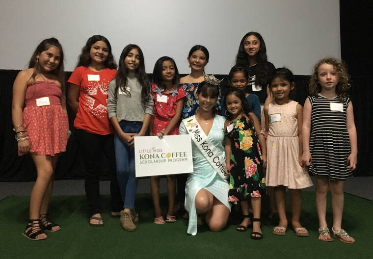  Participants in the first rientation for LMKCSP pose, from left to right, Kirra Werner 10; Country Denis 11; Ava Moore 10; Lehua Ching-Warren 8; 2019 Miss Kona Coffee Ruby Jordan (was 2010 Little Miss Kona Coffee); Kealaula Kaiawe-Ramos, 5; Elliya H