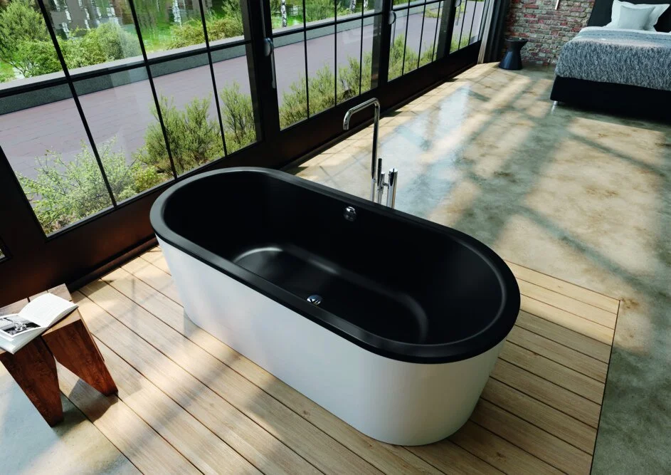 The strong enamel colours create a harmonious overall picture or create an exciting contrast to the bath panelling, which is available in alpine white, alpine white matt, black gloss and lava black matt.