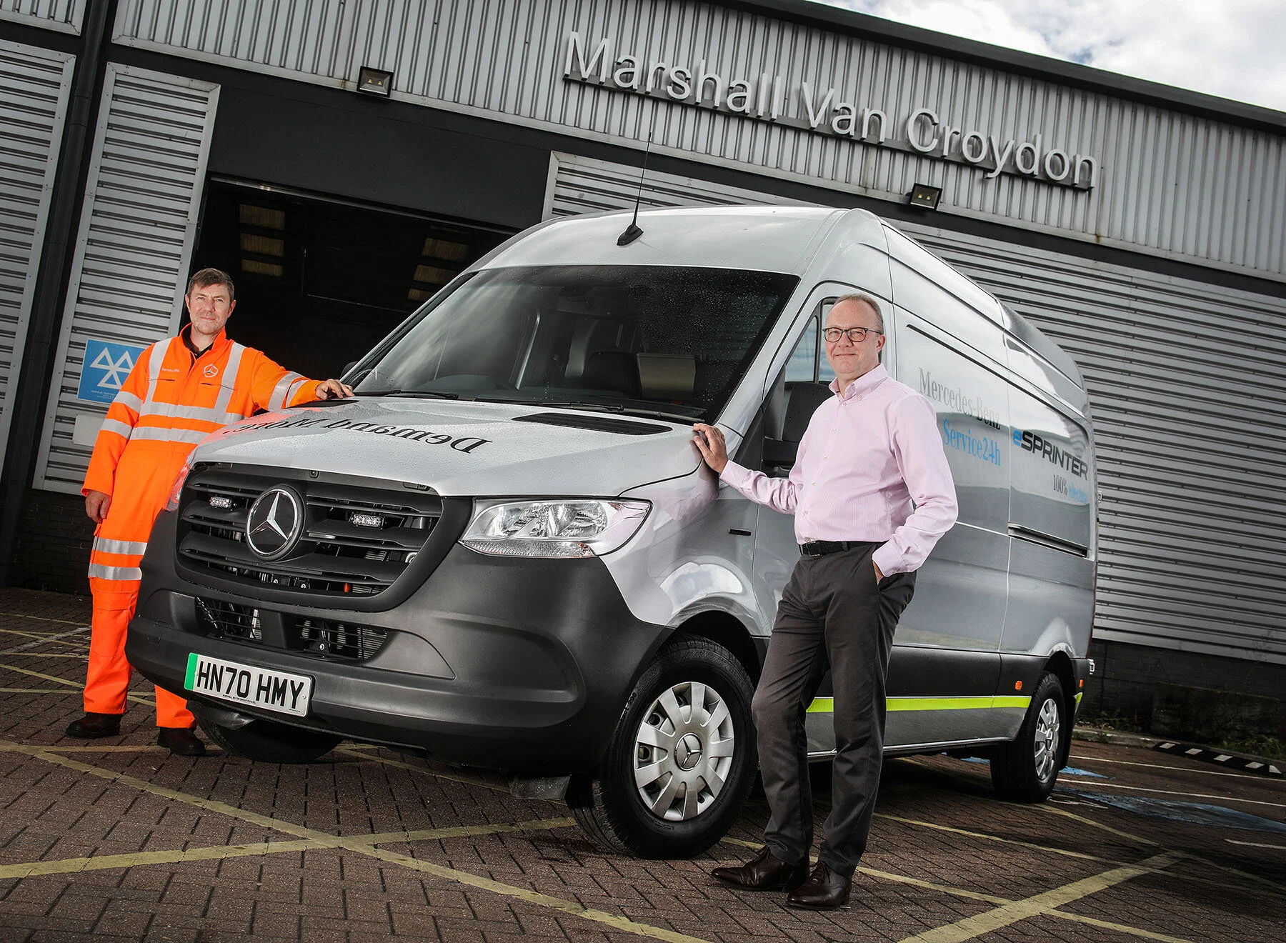 Marshall Van Croydon Dealer Principal Mark Effenberg is pictured with Service24h technician Laurie Copland, and the first Service 24h Mercedes-Benz eSprinter