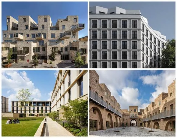 Clockwise from top left: 95 Peckham Road by Peter Barber Architects © Morley von Sternberg; Blackfriars Circus by Maccreanor Lavington © Tim Crocker; McGrath Road by Peter Barber Architects © Morley von Sternberg; Key Worker Housing, Eddington, Camb…