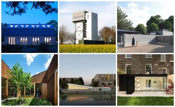 Clockwise from top left with photographer credits: Chapel by Craftworks © Edmund Sumner; The Water Tower by Tonkin Liu © Dennis Pedersen; Walmer Castle and Gardens Learning Centre by Adam Richards Architects © Brotherton Lock; Wooden Roof by Tsuruta Architects © Ståle Eriksen; Floating Church by DENIZEN WORKS © Gilbert McCarragher; Maggie’s Cardiff by Dow Jones Architects © Anthony Coleman