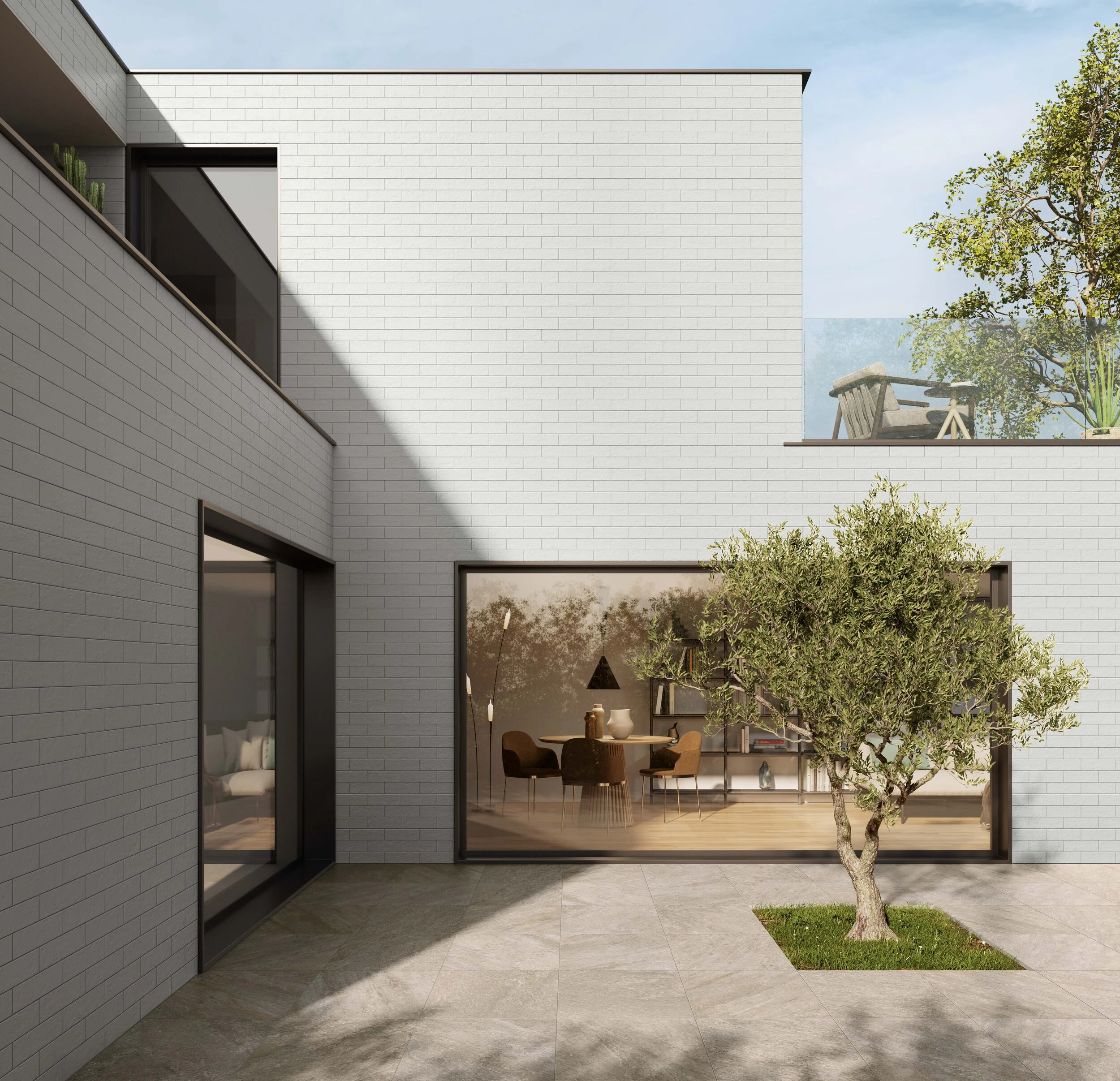 -Flooring: Petra Sabbia – Façade covering: Brickworks Muretto Bianco