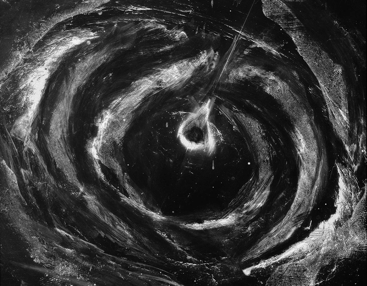 Interpretation of a Super Nova.
Super Nova #70 - Cliche Verre - 3 hand altered acrylic and acetate sheets directly exposed to a 4x5" sheet of B&W Fomapan 100 Film. 