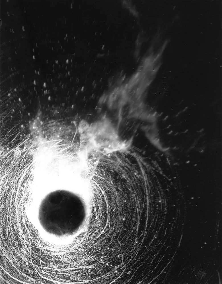 Interpretation of a galaxy in chaos.
Space And Time #198 - Cliche Verre and Collage - 3 hand altered acrylic and acetate sheets directly exposed to a 4x5" sheet of B&W Fomapan 100 Film.