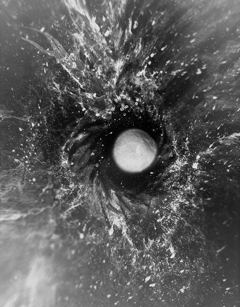 Interpretation of a planet forming.
Space And Time #139 - Cliche Verre and Collage - 3 hand altered acrylic and acetate sheets directly exposed to a 4x5" sheet of B&W Fomapan 100 Film.