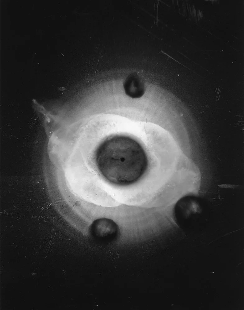 Interpretation of a Nebula
Space And Time #178 - Cliche Verre and Collage - 3 hand altered acrylic and acetate sheets directly exposed to a 4x5" sheet of B&W Fomapan 100 Film.