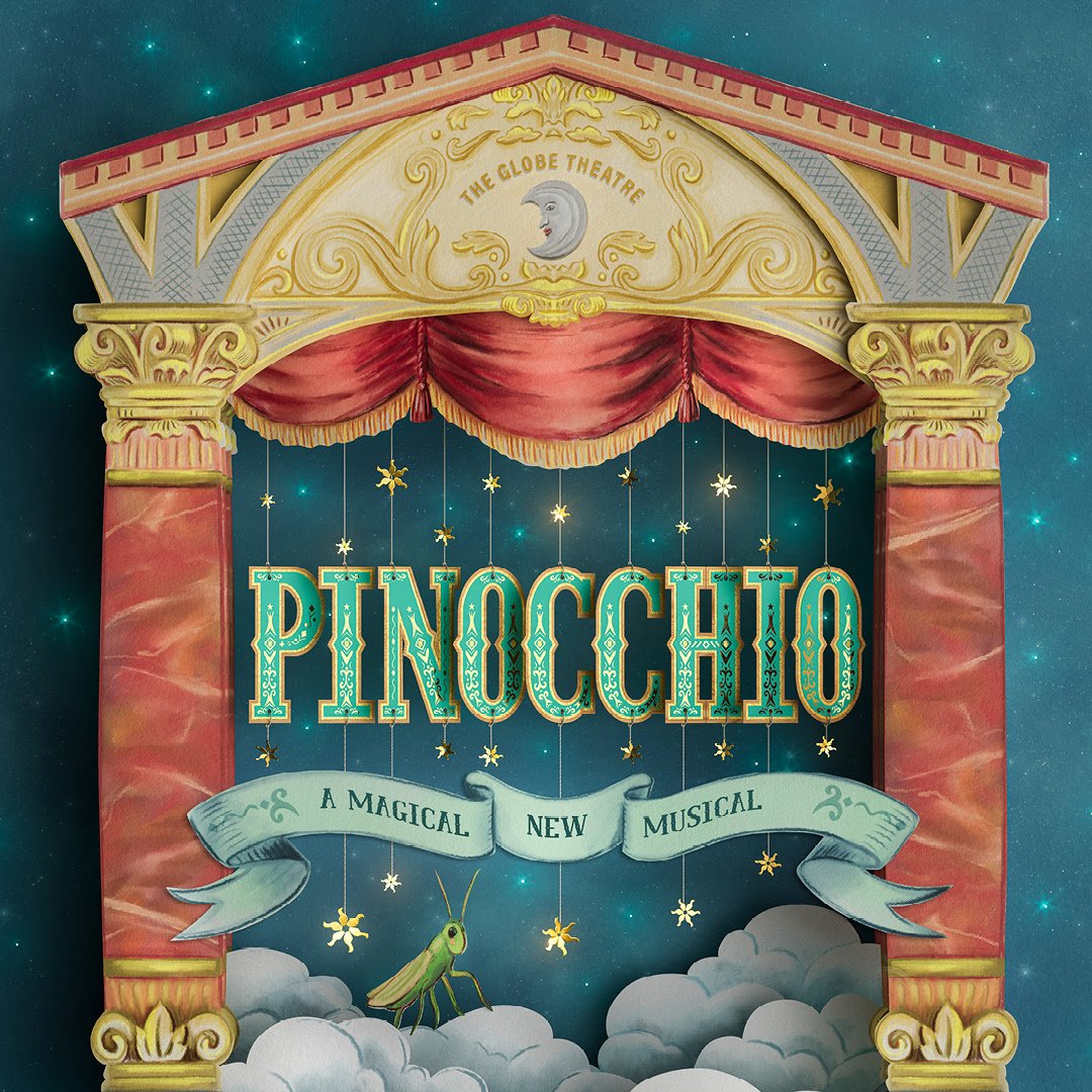Colorful, illustrated theater stage with red curtains, ornate gold decorations, and a sign that reads 'Pinocchio' in large blue letters. A banner beneath says 'A Magical New Musical,' with a green grasshopper at the bottom, set against a starry night sky background.