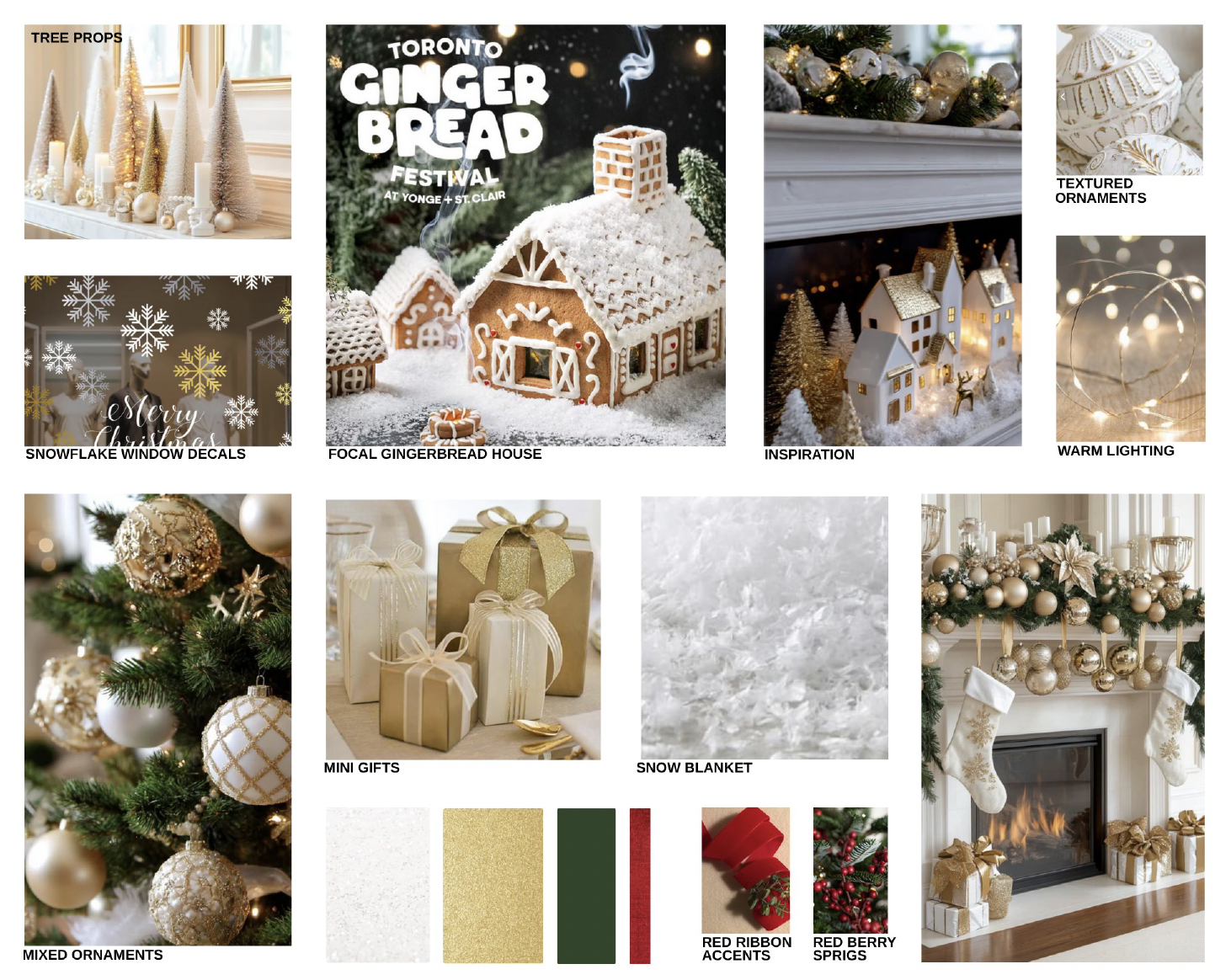 Holiday window display concept board for the Yonge St. Clair BIA Gingerbread Festival, featuring gingerbread house theme, warm lighting, gold ornaments, snow textures, and festive retail decor.
