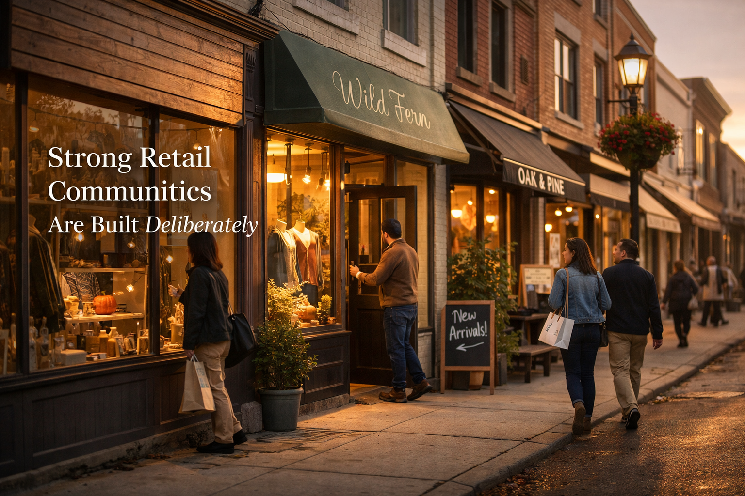 Retail storefronts in a cohesive Canadian retail district with active window displays and pedestrian traffic