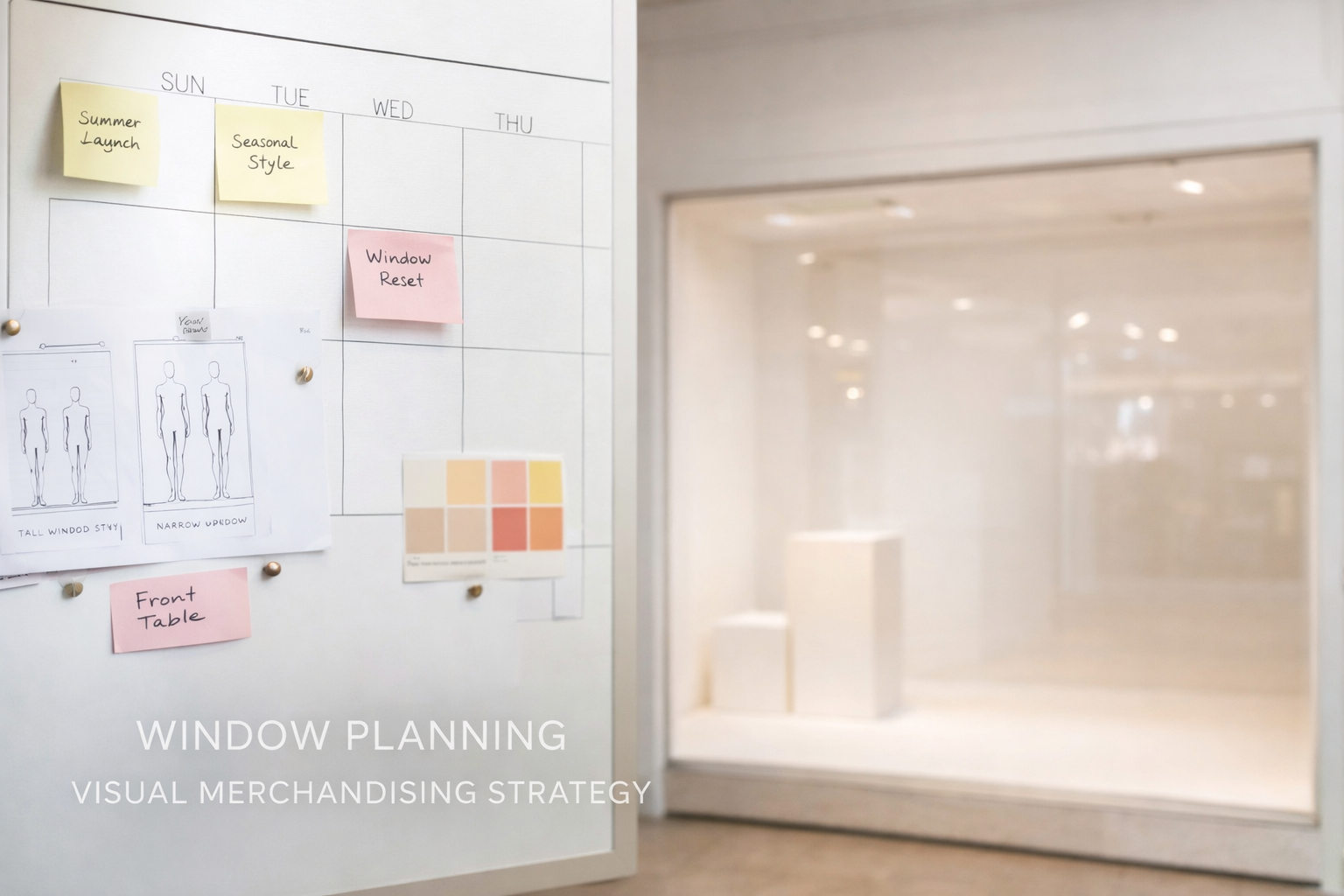 Behind-the-scenes visual merchandising planning with a calendar, campaign notes, and a bare storefront window prepared for a future display.
