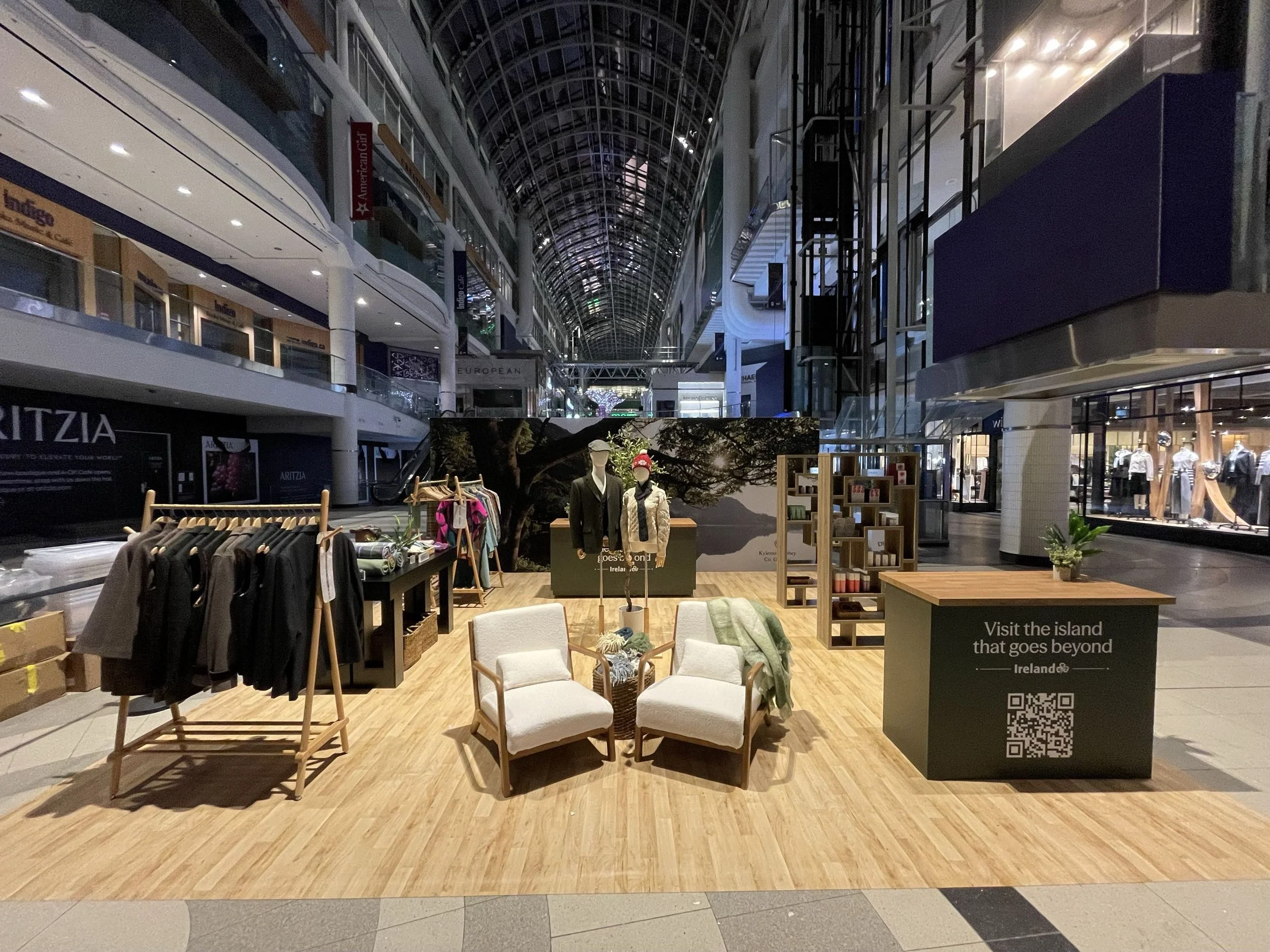 Enterprise Ireland multi-brand retail pop-up at Toronto Eaton Centre featuring Irish brands displayed with strategic visual merchandising and product styling.