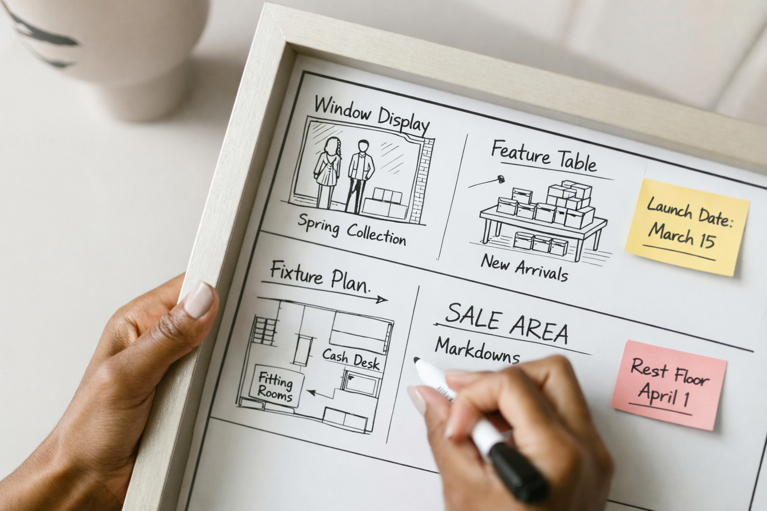 Visual merchandising planning board showing window display zones, fixture layout sketches, and campaign notes used to plan retail displays.