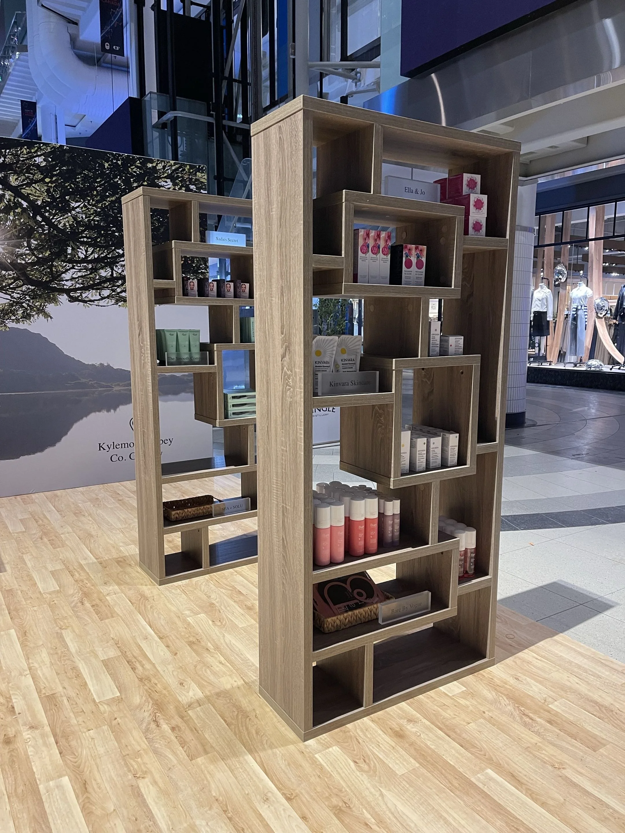 Enterprise Ireland showcase pop-up at Toronto Eaton Centre highlighting Irish products through curated visual merchandising and retail display styling.