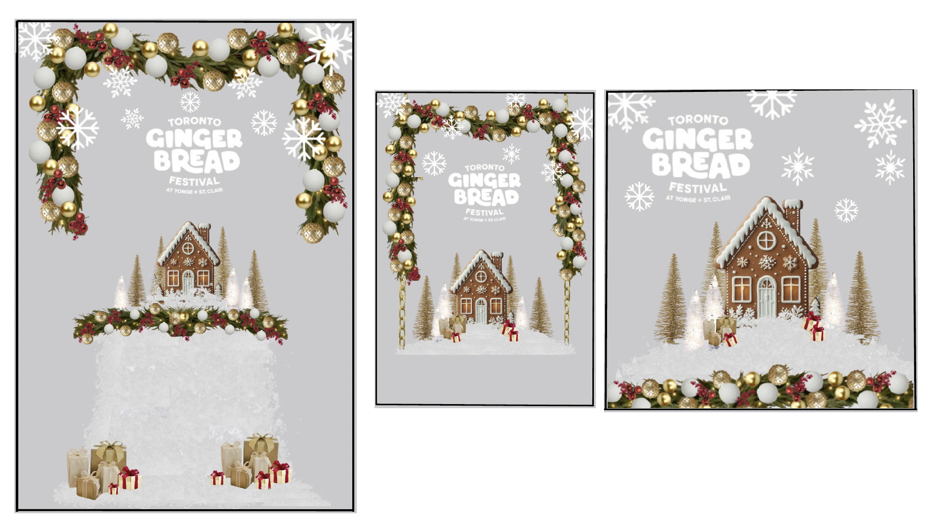 Visual merchandising window display rendering for the Toronto Gingerbread Festival at Yonge St. Clair BIA, showcasing a gingerbread house scene with snow base, holiday garlands, trees, and gift props.