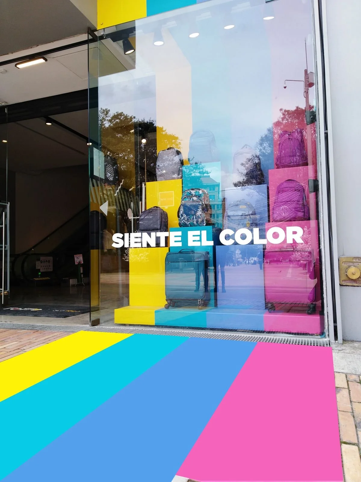 Colour-blocked retail window display featuring luggage against yellow, turquoise, blue and pink panels