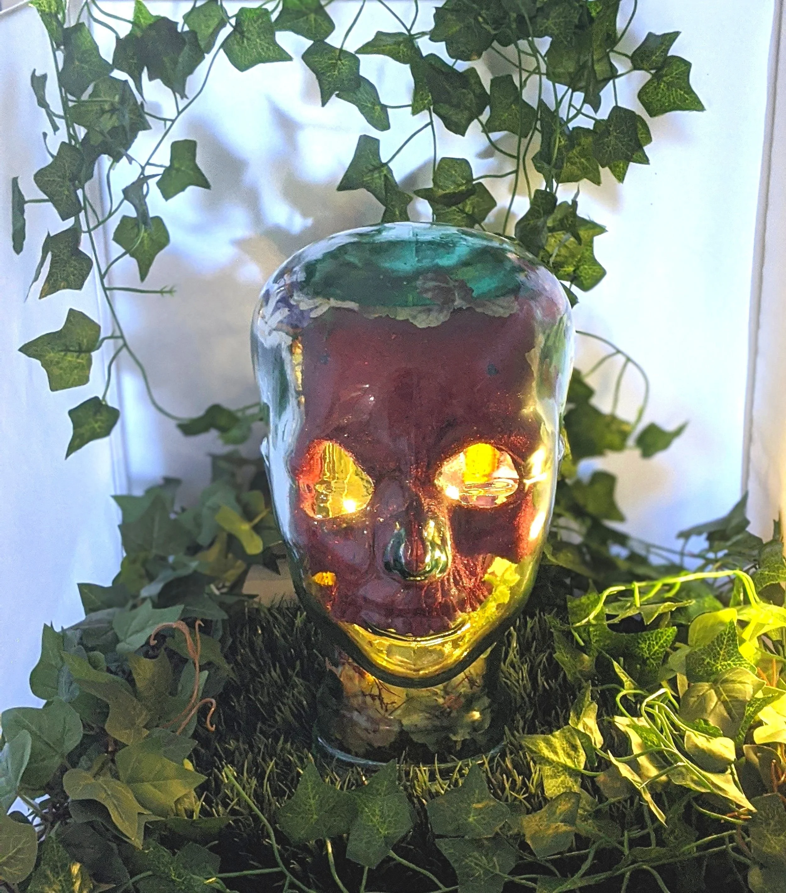 Technocratic Oath
Glass head, lights mask, spray paint & faux plants
10 x 5
2022