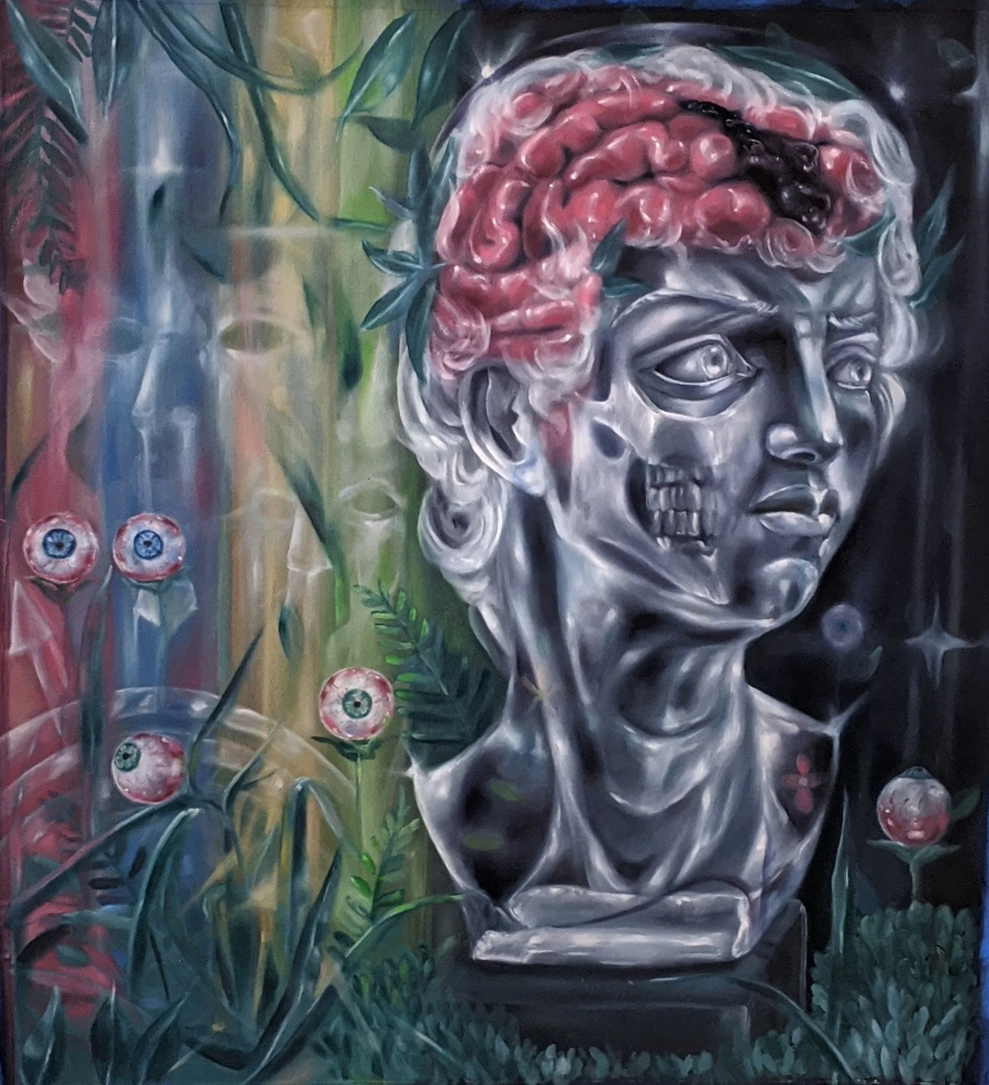 TECHNOCRATIC OATH: THEIR WORM WILL NOT DIE II - EYES ON THE TARGET, OIL ON PAPER, 24 X 26  