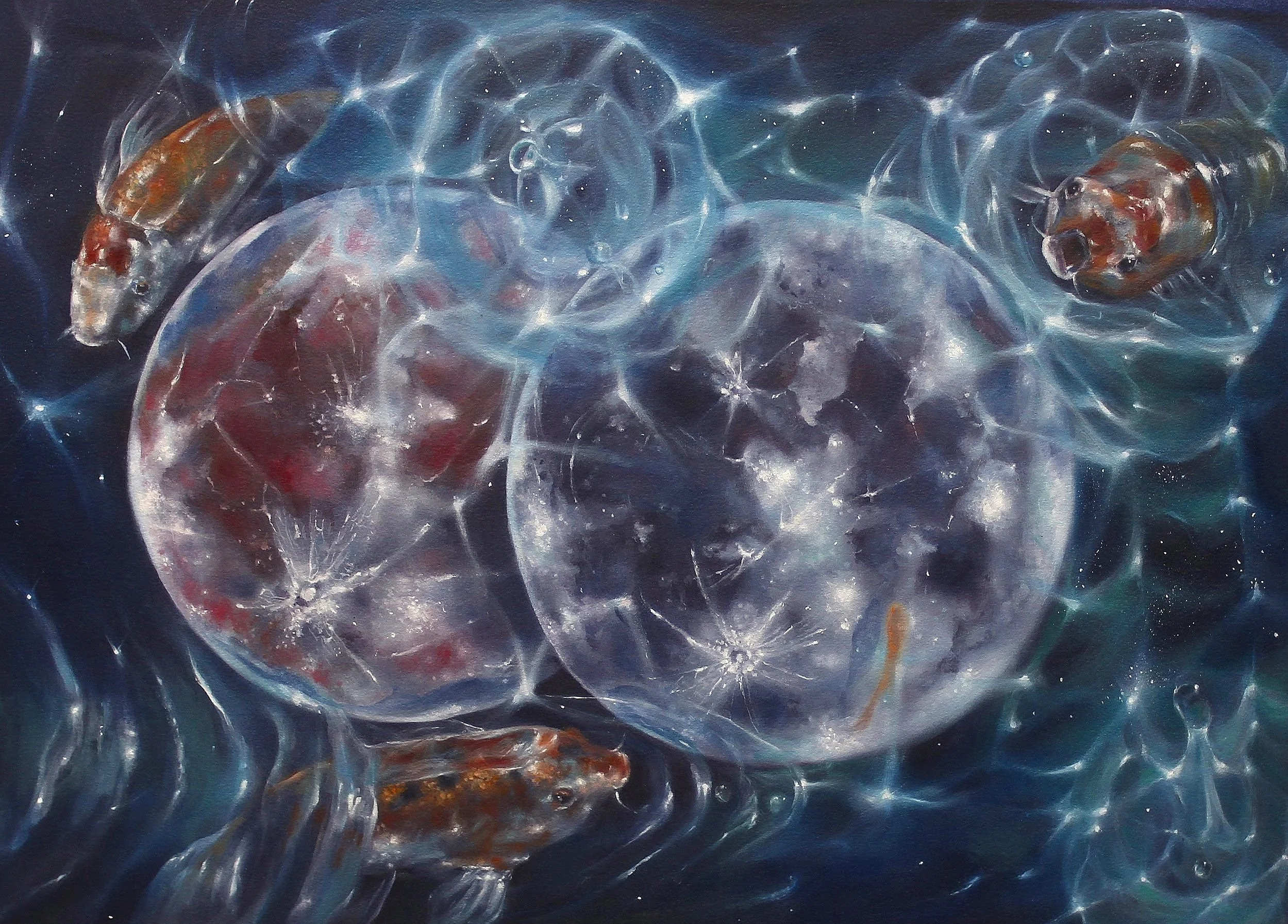 BLACKBODY: THREE FISHES, TWO MOONS IN BLACK LIQUID CRYSTAL
OIL ON PAPER
15 X 20.5
