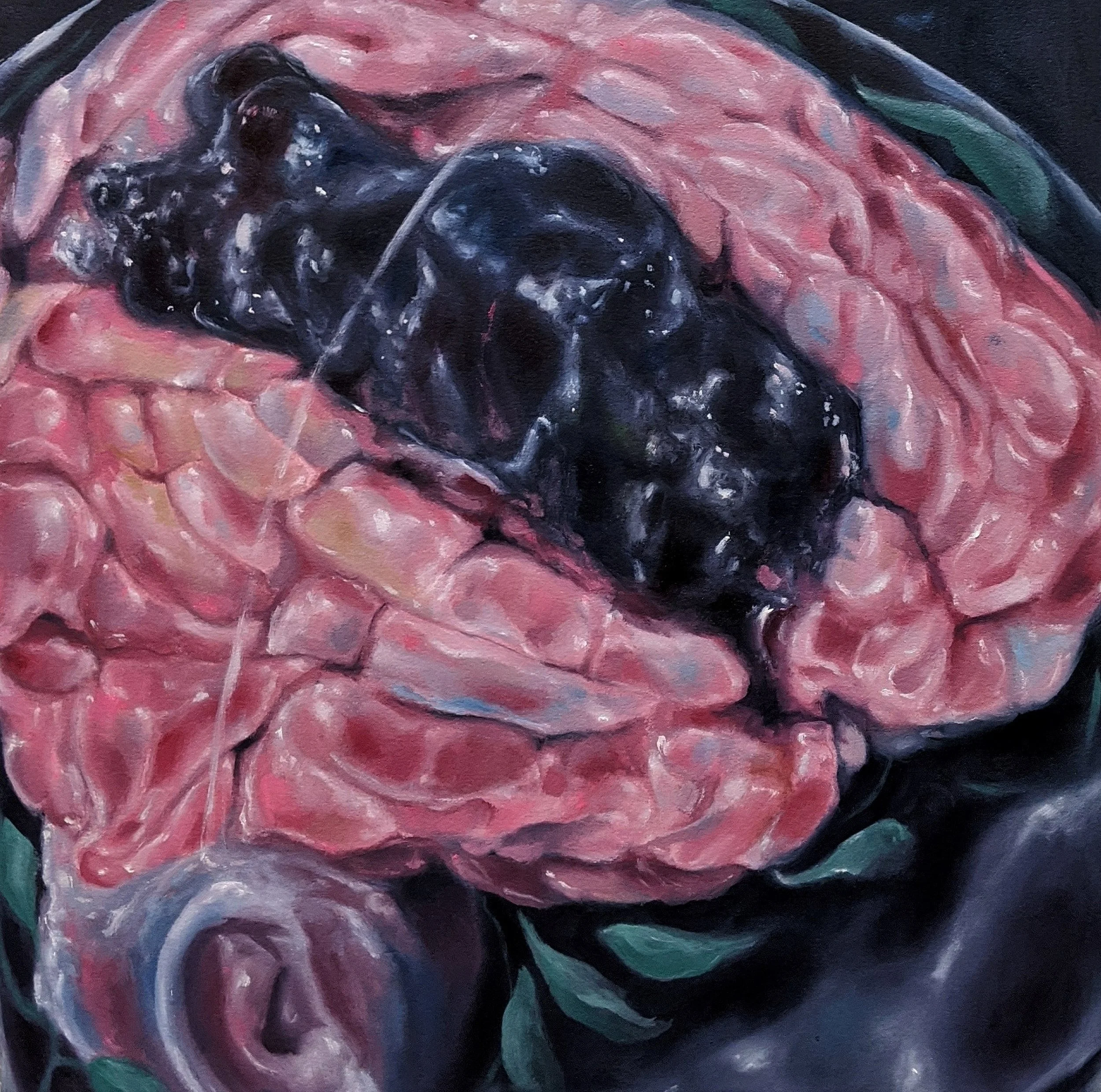 TECHNOCRATIC OATH: THEIR WORM WILL NOT DIE,
OIL ON PAPER,
15 X 15