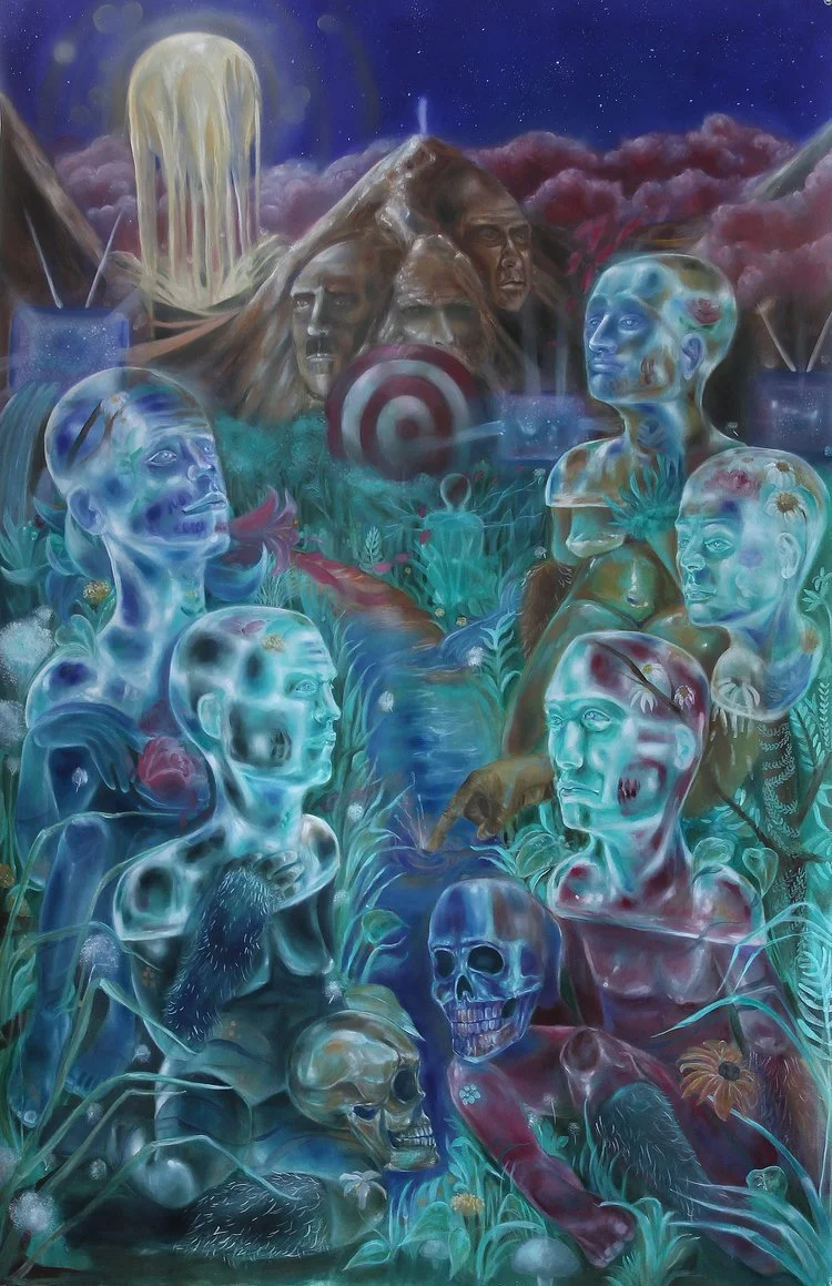 TECHNOCRATIC OATH - COLONIAL GARDEN- WHAT WAS, IS AND IS TO COME
OIL ON PAPER
33.5 X 54
