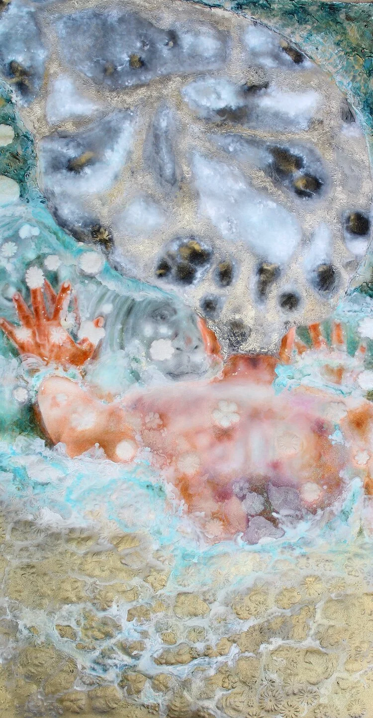 WOOL- HEAVENLY WATERS
MIXED MEDIA: INK, SPRAY PAINT, EMBOSSING, CONTE CHARCOAL
50 x 26