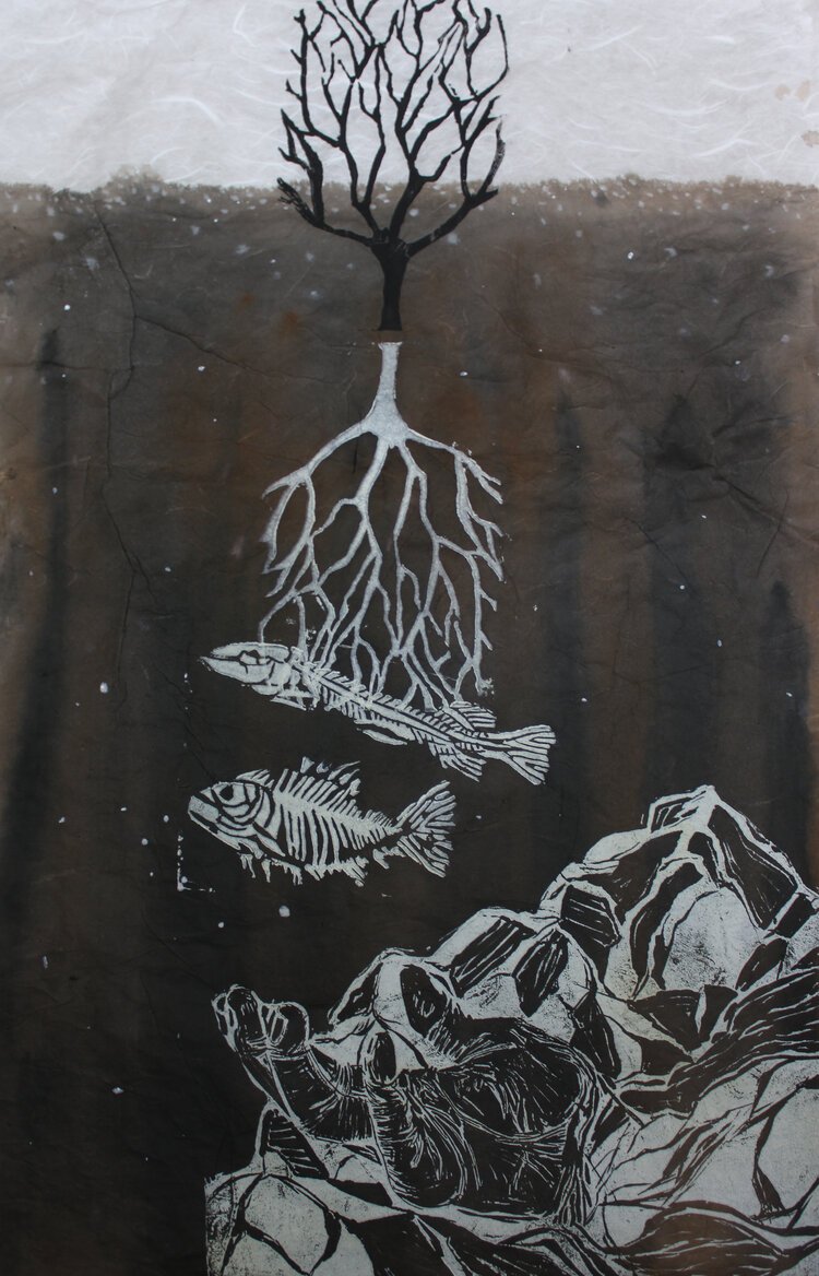MUD FOSSIL HAND II KOREAN MULBERRY PAPER LINOCUT PRINT 11 X 21 2021