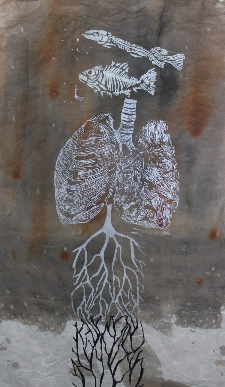 MUD FOSSIL LUNG III KOREAN MULBERRY PAPER LINOCUT PRINT 11 X 21 2021