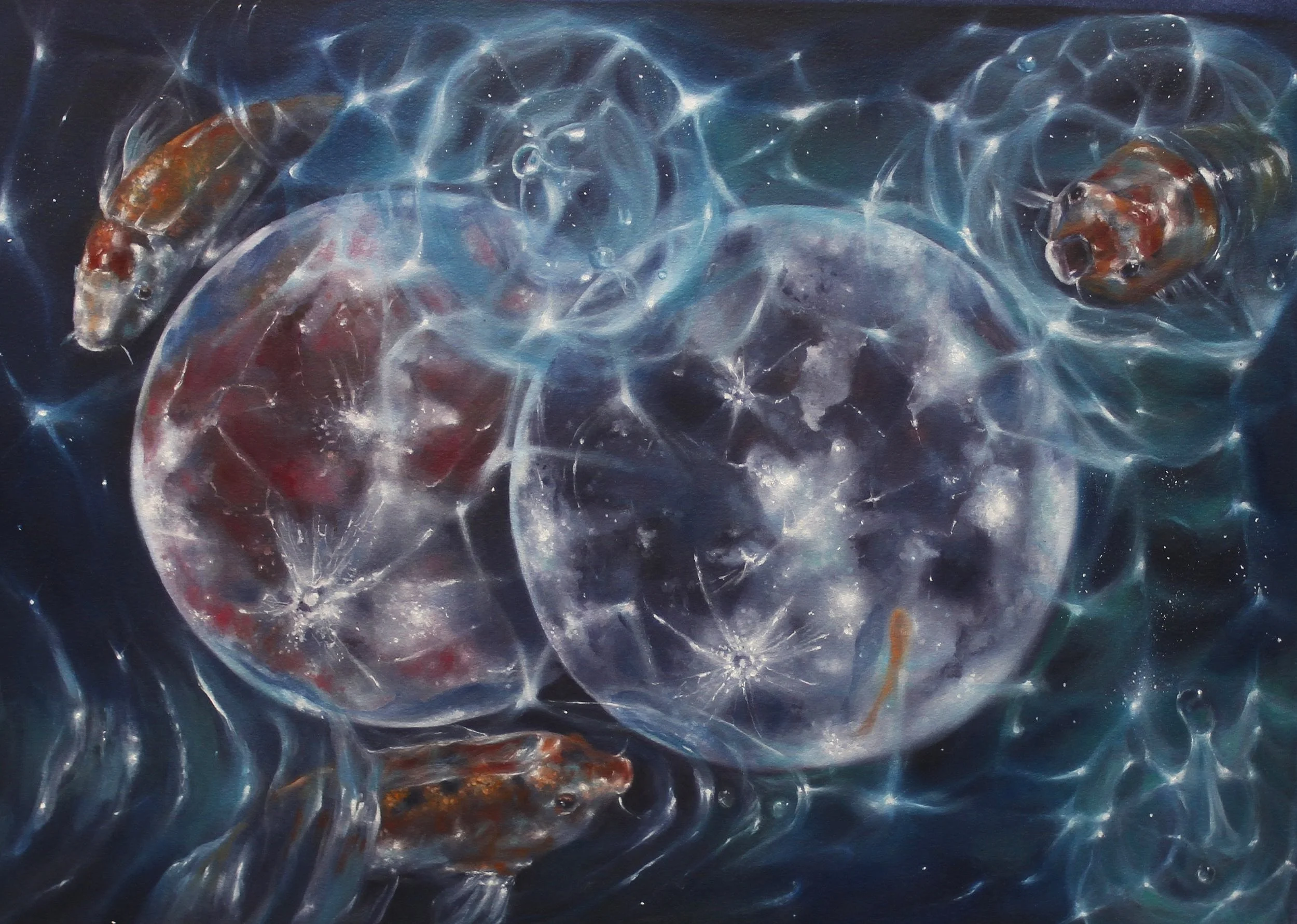 THREE FISHES, TWO MOONS IN BLACK LIQUID CRYSTAL